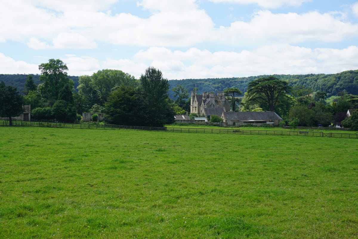 Chestal House and the green landscape near Dursley